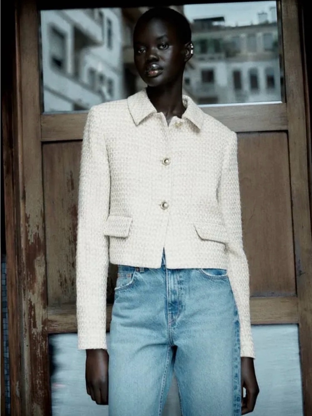 Zara sz M Cream Tweed Cropped Jacket